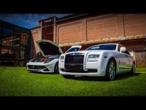 Video thumbnail for Poker Run youtube video showing a ferrari F12 and Rolls Royce Ghost in white